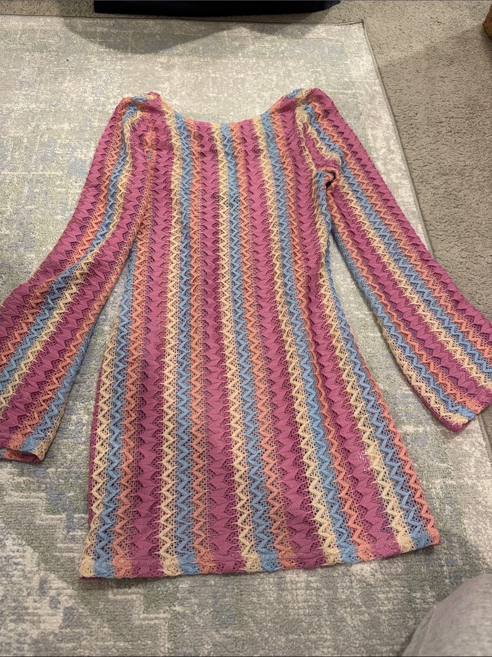 Women's Striped Crochet Knit Swim Cover- Pink Multi